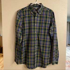 Mens Uniqlo long sleeve button down, blue/yellow/green plaid, size M